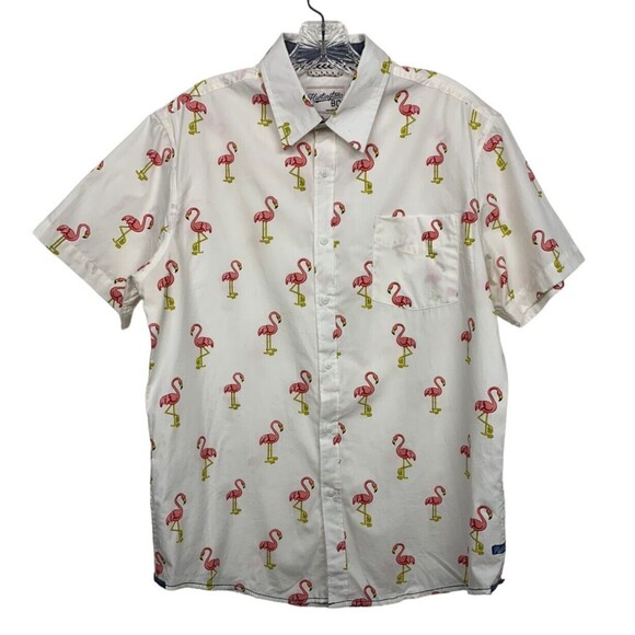 Huntington BC Men's size M White w Pink Flamingos Button Down Surf Shirt - Picture 1 of 8